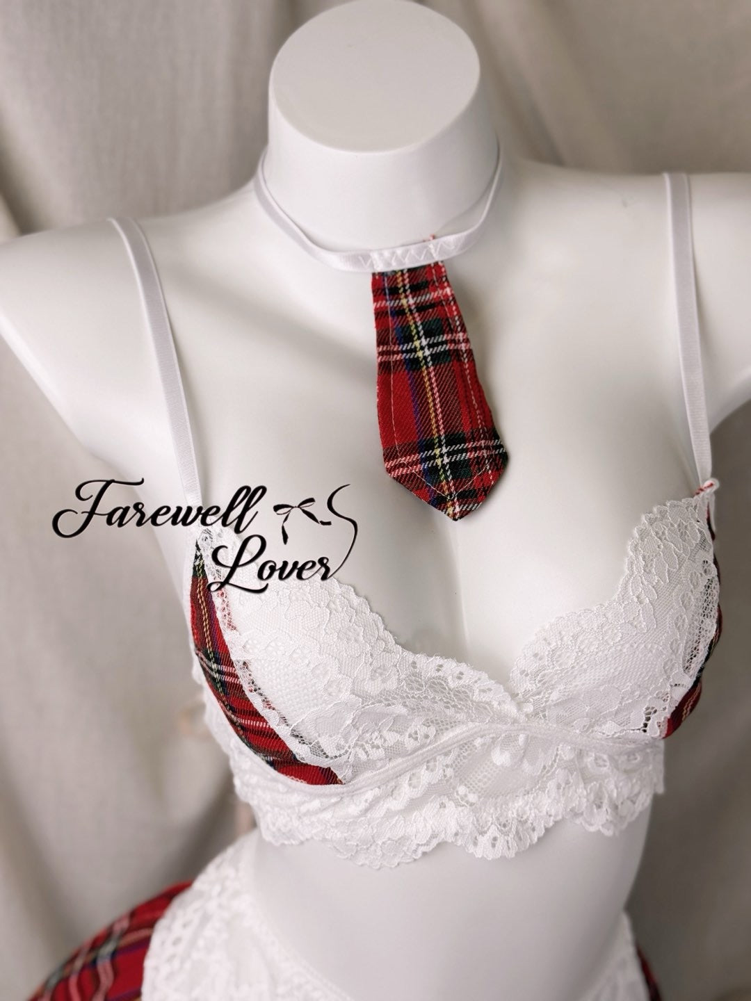 Plaid Floral Lace Bra and Mini Skirt Lingerie Set