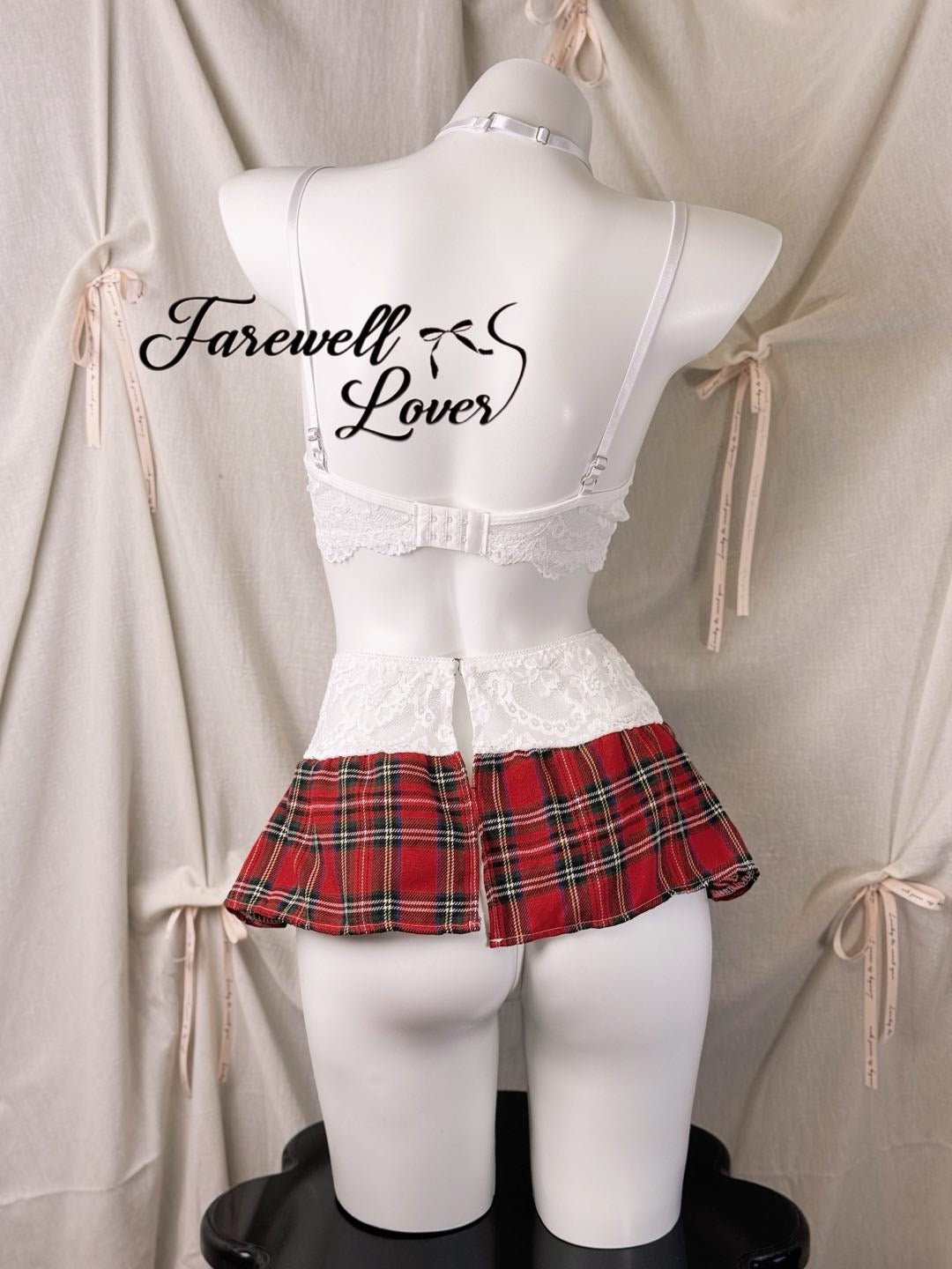 Plaid Floral Lace Bra and Mini Skirt Lingerie Set