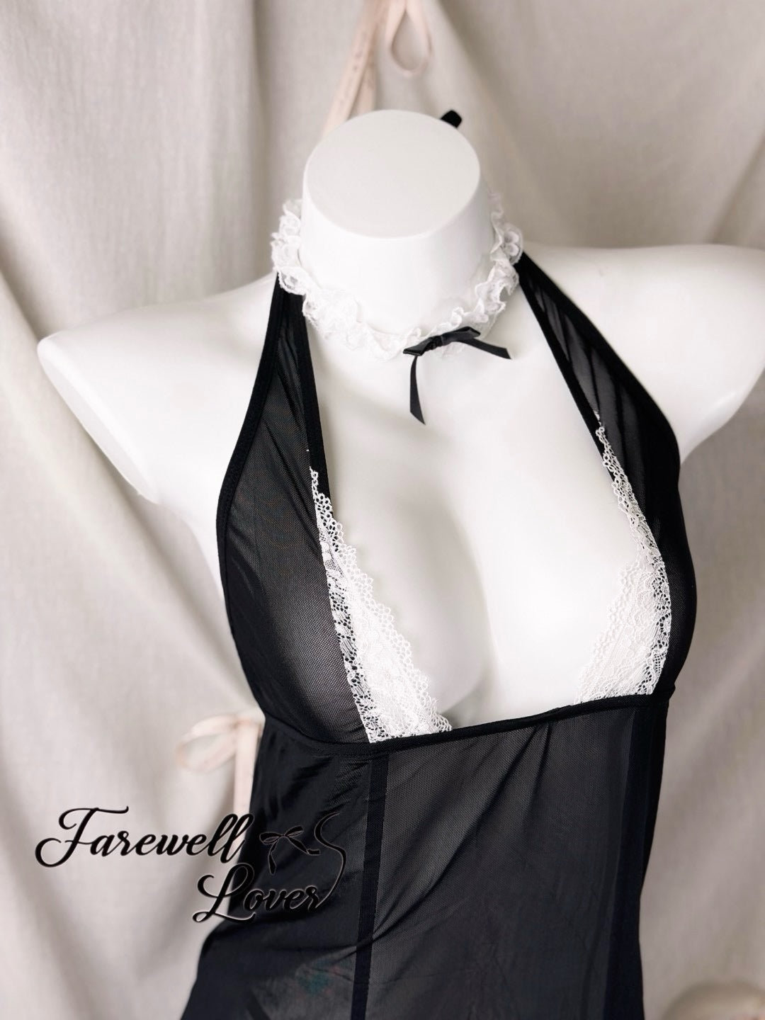 Kendra Mesh Lace Trim Halter Slip Maid Costume Lingerie Set