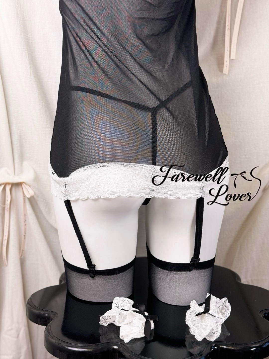 Kendra Mesh Lace Trim Halter Slip Maid Costume Lingerie Set