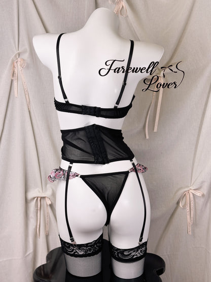 Mystic Blush Embroidered Mesh Three-Piece Lingerie Set