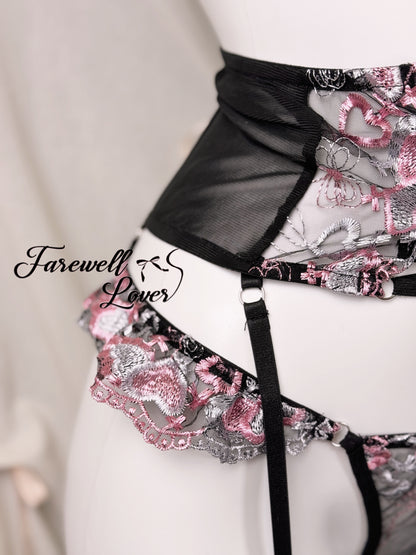 Mystic Blush Embroidered Mesh Three-Piece Lingerie Set