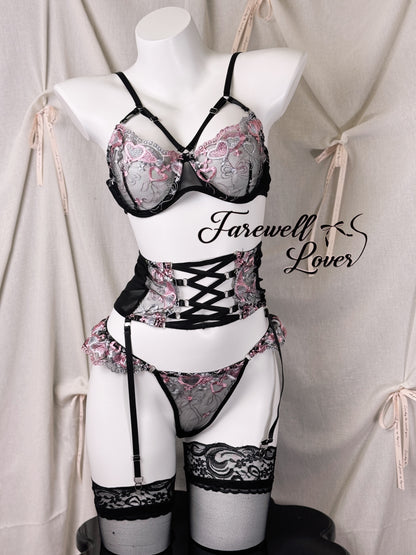 Mystic Blush Embroidered Mesh Three-Piece Lingerie Set
