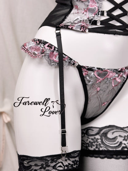Mystic Blush Embroidered Mesh Three-Piece Lingerie Set
