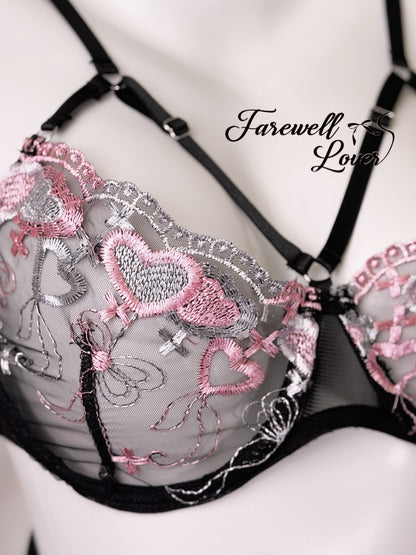 Mystic Blush Embroidered Mesh Three-Piece Lingerie Set