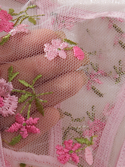 Bloom in Blush Floral Embroidered Mesh Three-Piece Lingerie Set