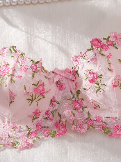 Bloom in Blush Floral Embroidered Mesh Three-Piece Lingerie Set