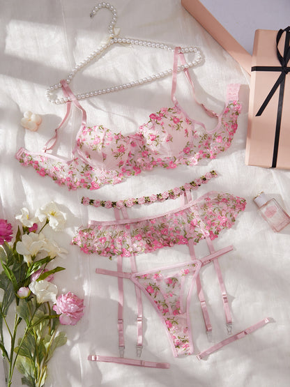 Bloom in Blush Floral Embroidered Mesh Three-Piece Lingerie Set