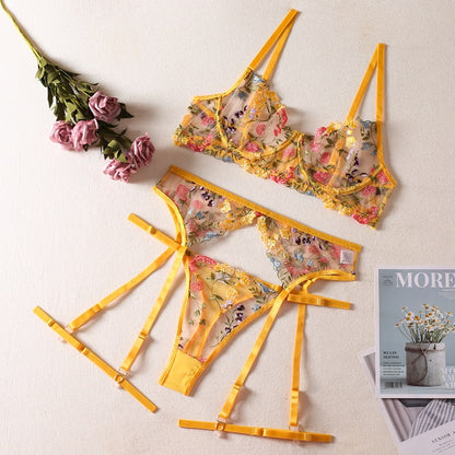 Secret Garden Floral Embroidered Mesh Three-Piece Lingerie Set