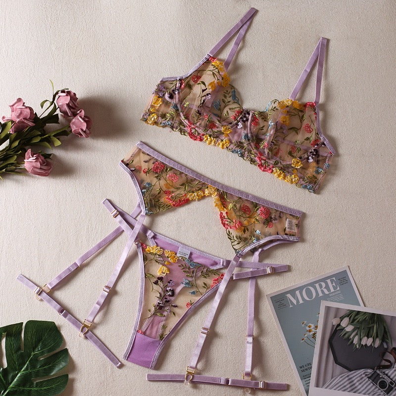 Secret Garden Floral Embroidered Mesh Three-Piece Lingerie Set