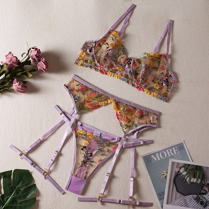 Secret Garden Floral Embroidered Mesh Three-Piece Lingerie Set