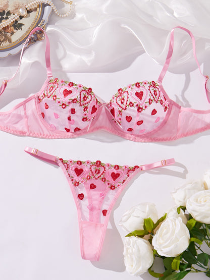 Strawberry Slushie Embroidered Mesh Lingerie Set