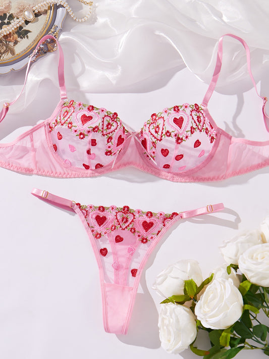 Strawberry Slushie Embroidered Mesh Lingerie Set