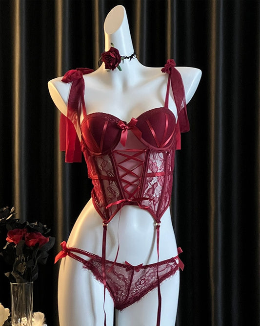 Scarlet Rose Mesh Lace Corset Lingerie Set