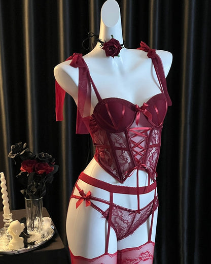 Scarlet Rose Mesh Lace Corset Lingerie Set