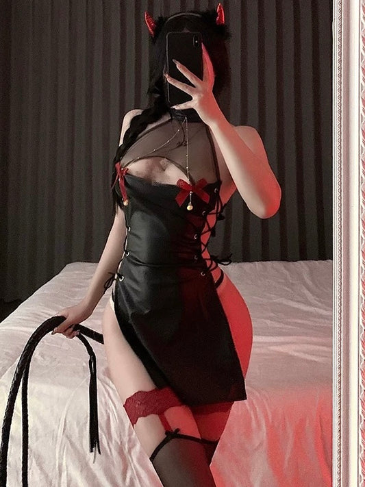 Naughty Hottie Faux Leather Mesh Bow Cutout Halter Slip Costume Lingerie