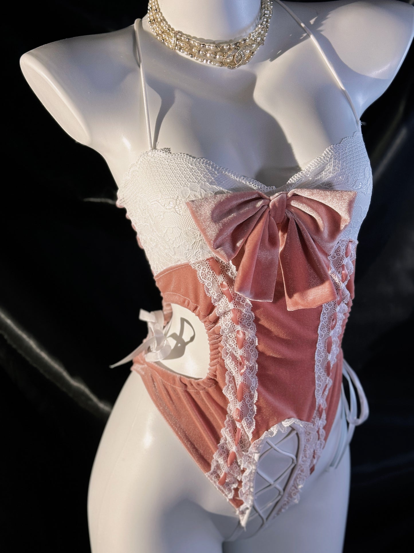 Barbie Doll Pink Bow Ribbon Velvet Crotchless Teddy Lingerie