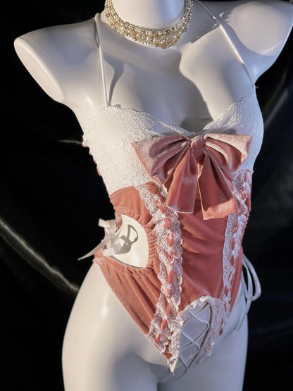 Barbie Doll Pink Bow Ribbon Velvet Crotchless Teddy Lingerie