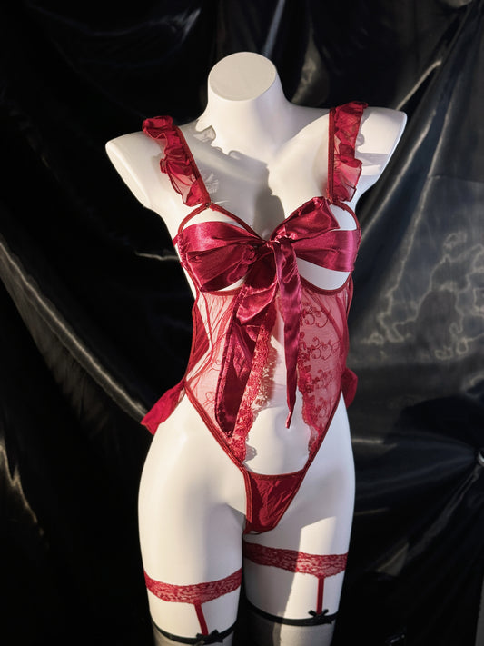 Petal of Roses Stain Bow Lace Cutout Crotchless Teddy Lingerie