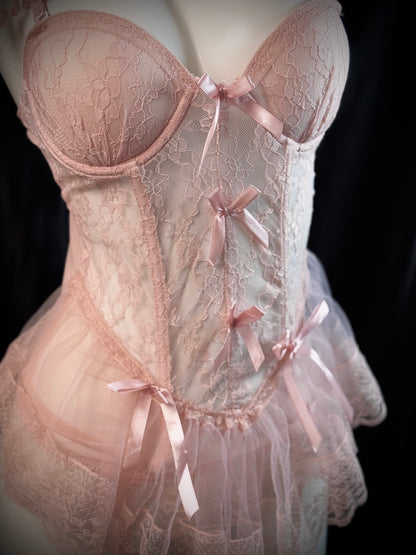 Princess Diary Ruffled Lace Bow Garter Corset Lingerie Set