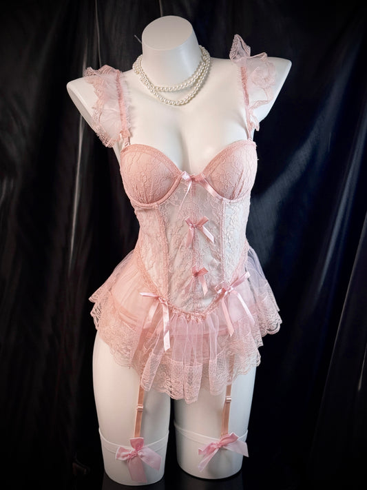 Princess Diary Ruffled Lace Bow Garter Corset Lingerie Set