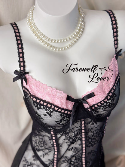 Coquette Love Lace Bow Underwired Gartered Slip Lingerie Set