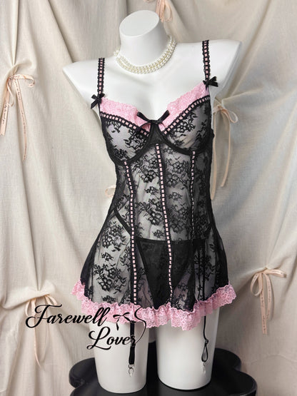 Coquette Love Lace Bow Underwired Gartered Slip Lingerie Set