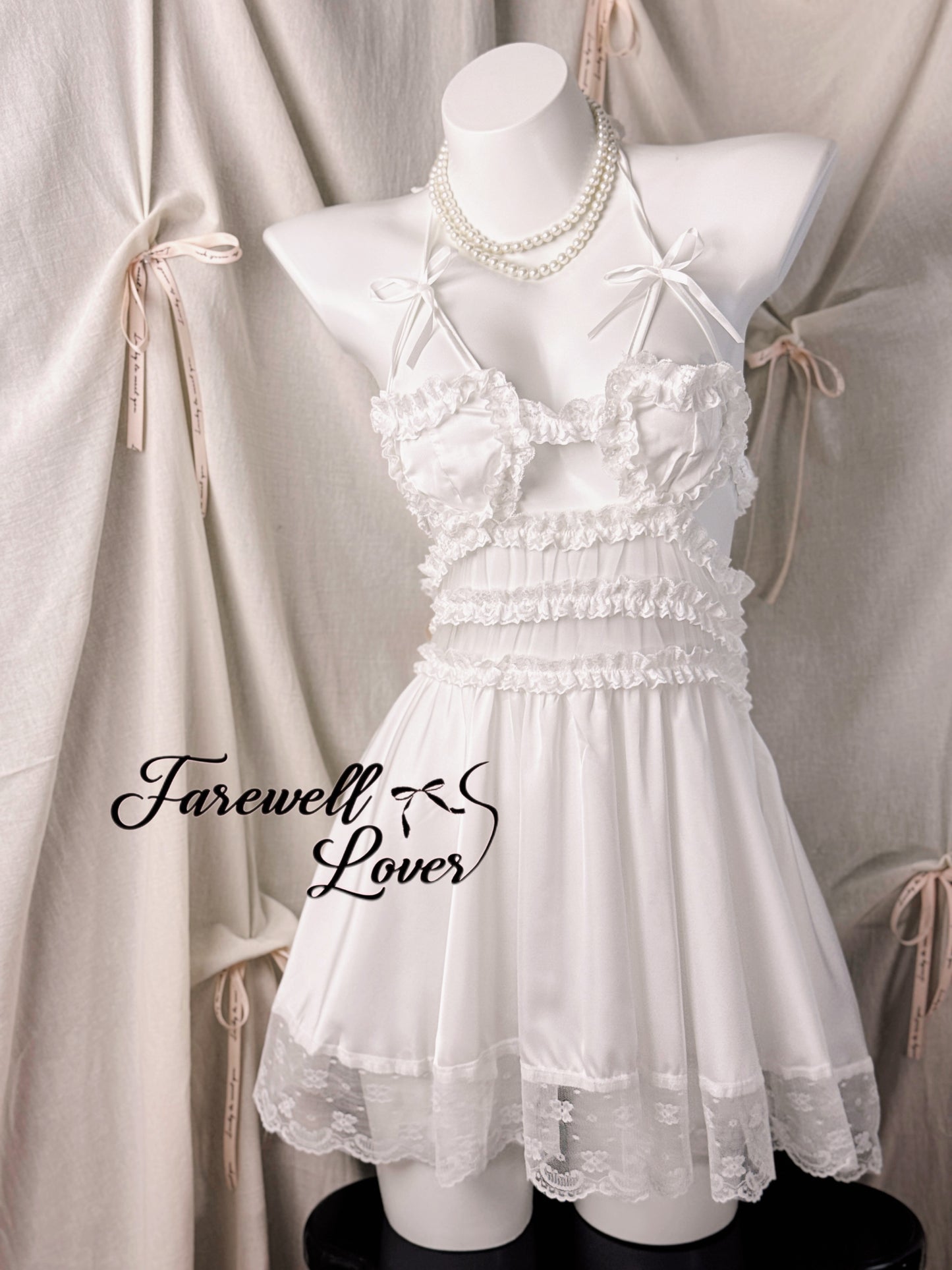 Marshmallow Heart Satin Lace Halter Babydoll Lingerie