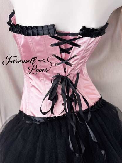 Barbie Girl Satin Ribbon Corset and Mesh Ruffle Layered Mini Skirt Set