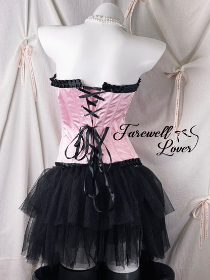 Barbie Girl Satin Ribbon Corset and Mesh Ruffle Layered Mini Skirt Set