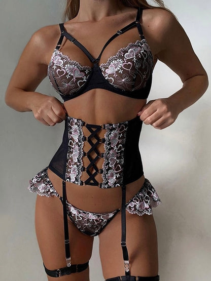 Mystic Blush Embroidered Mesh Three-Piece Lingerie Set