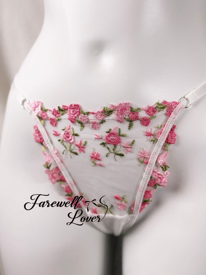 Cherry Blossom Mesh Embroidered Three-Piece Lingerie Set