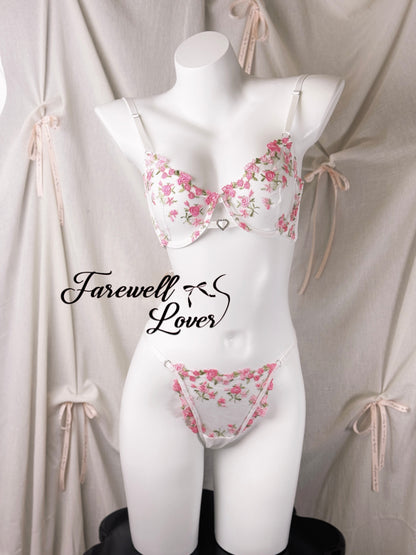 Cherry Blossom Mesh Embroidered Three-Piece Lingerie Set