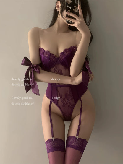 Violet Dreams Satin Ribbon Lace Teddy Lingerie