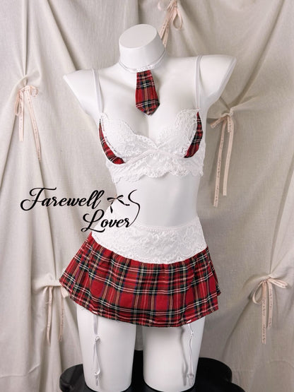 Plaid Floral Lace Bra and Mini Skirt Lingerie Set