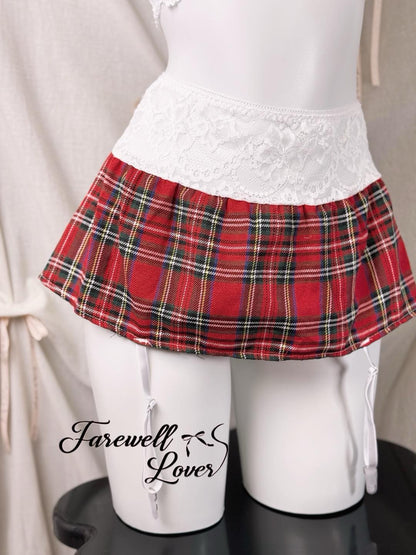 Plaid Floral Lace Bra and Mini Skirt Lingerie Set